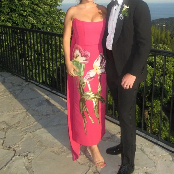 Amsale Pink Gown with Sequin Floral Design & Removable Train - Picture 8 of 12
